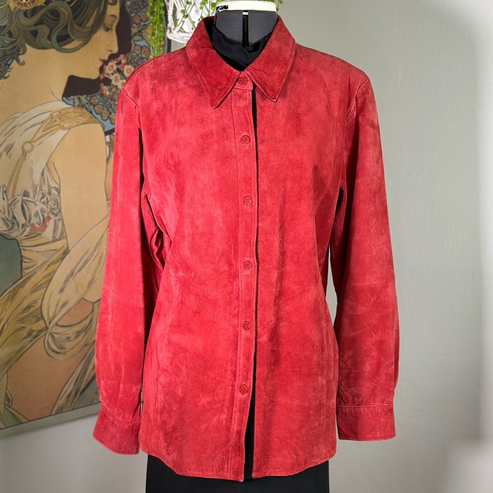 Women’s Vintage Red & Black Suede Leather 90s Style Button Down Shirt Jacket - Picture 3 of 11
